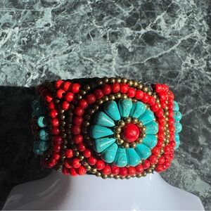 Handcrafted Turquoise & Red Beaded Statement Bracelet